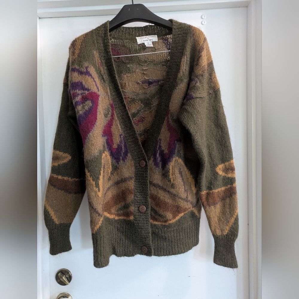 Collections By Michelle Stuart Olive & Purple Cardigan Sweater Mohair Lambswool